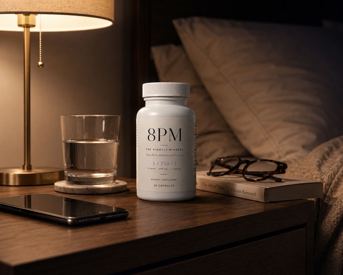 8PM bottle on a bedside table beside a lamp, a book, water and a phone lying face down