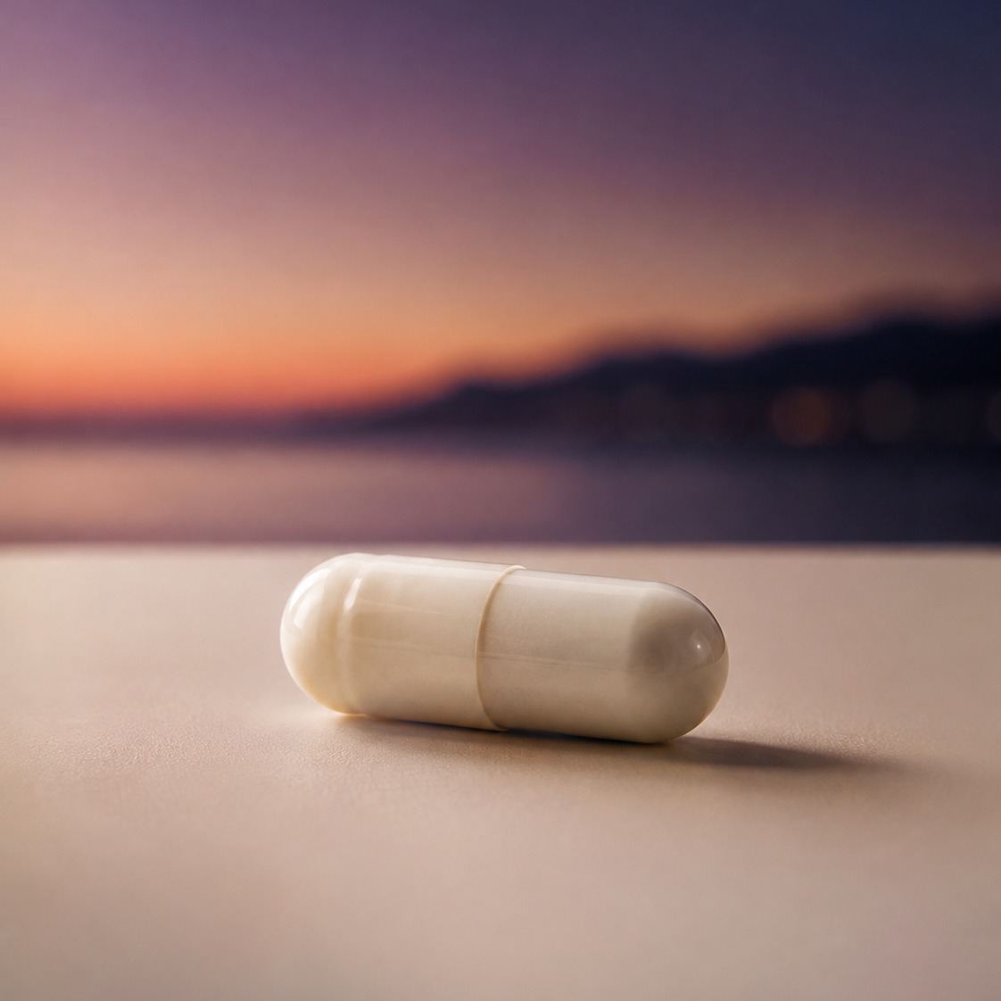A single 8PM capsule resting at dusk